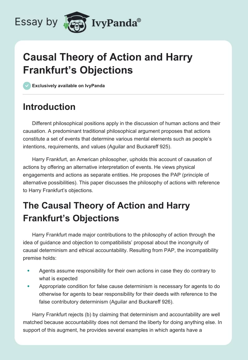 Causal Theory of Action and Harry Frankfurt’s Objections. Page 1