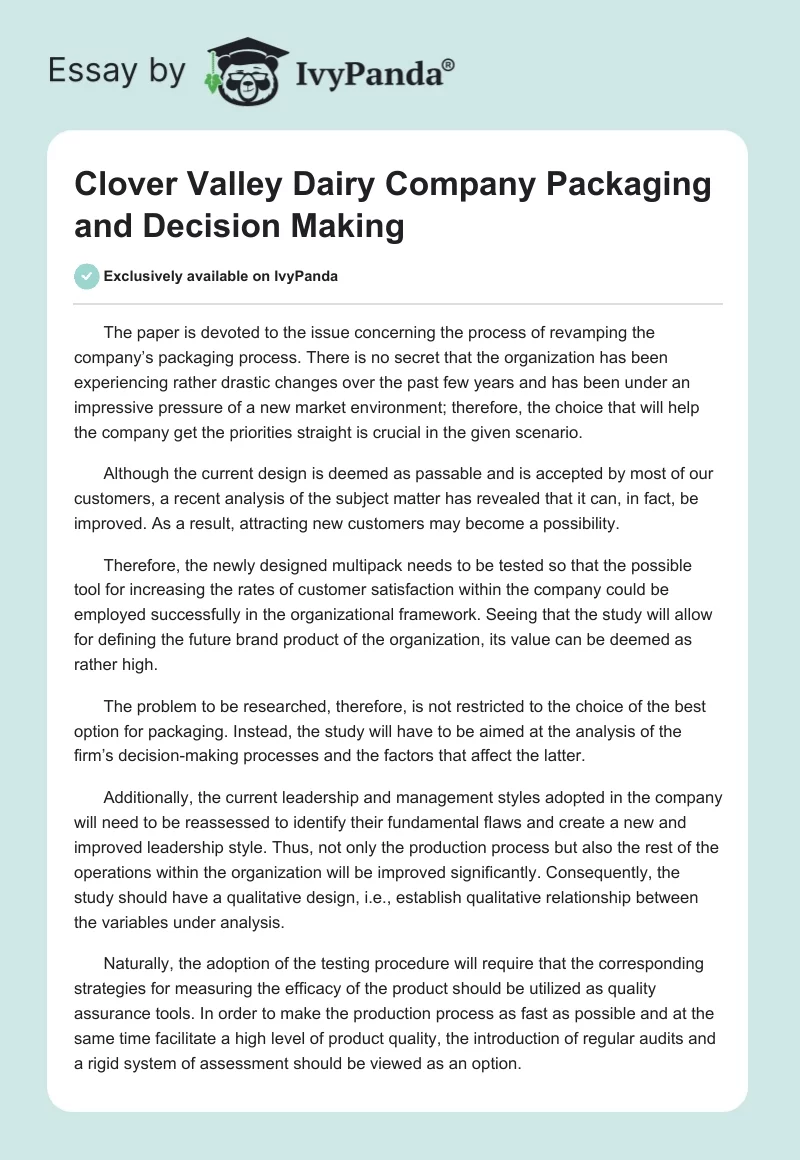 Clover Valley Dairy Company Packaging and Decision Making. Page 1