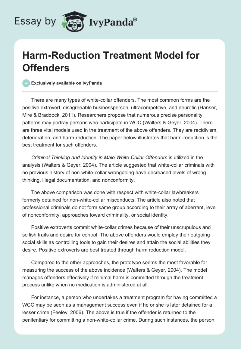 Harm-Reduction Treatment Model for Offenders. Page 1