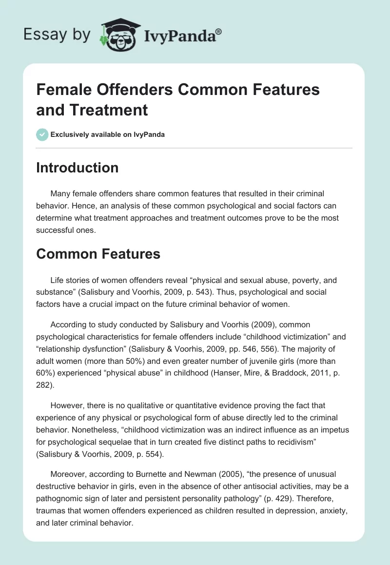 Female Offenders Common Features and Treatment. Page 1