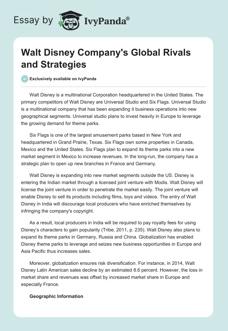 Walt Disney Company's Global Rivals and Strategies. Page 1