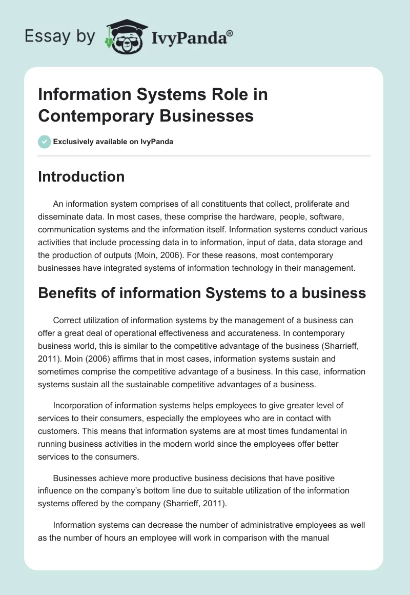 Information Systems Role in Contemporary Businesses. Page 1