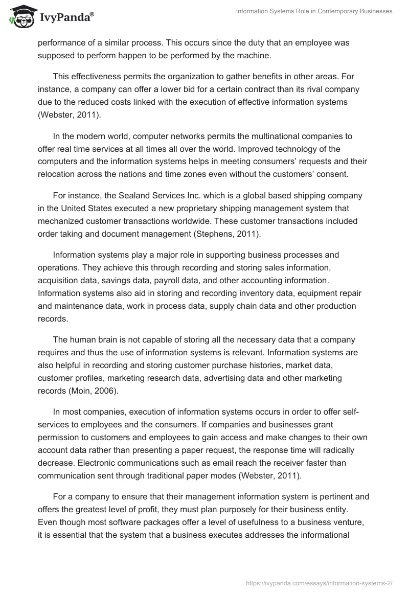 Information Systems Role in Contemporary Businesses. Page 2