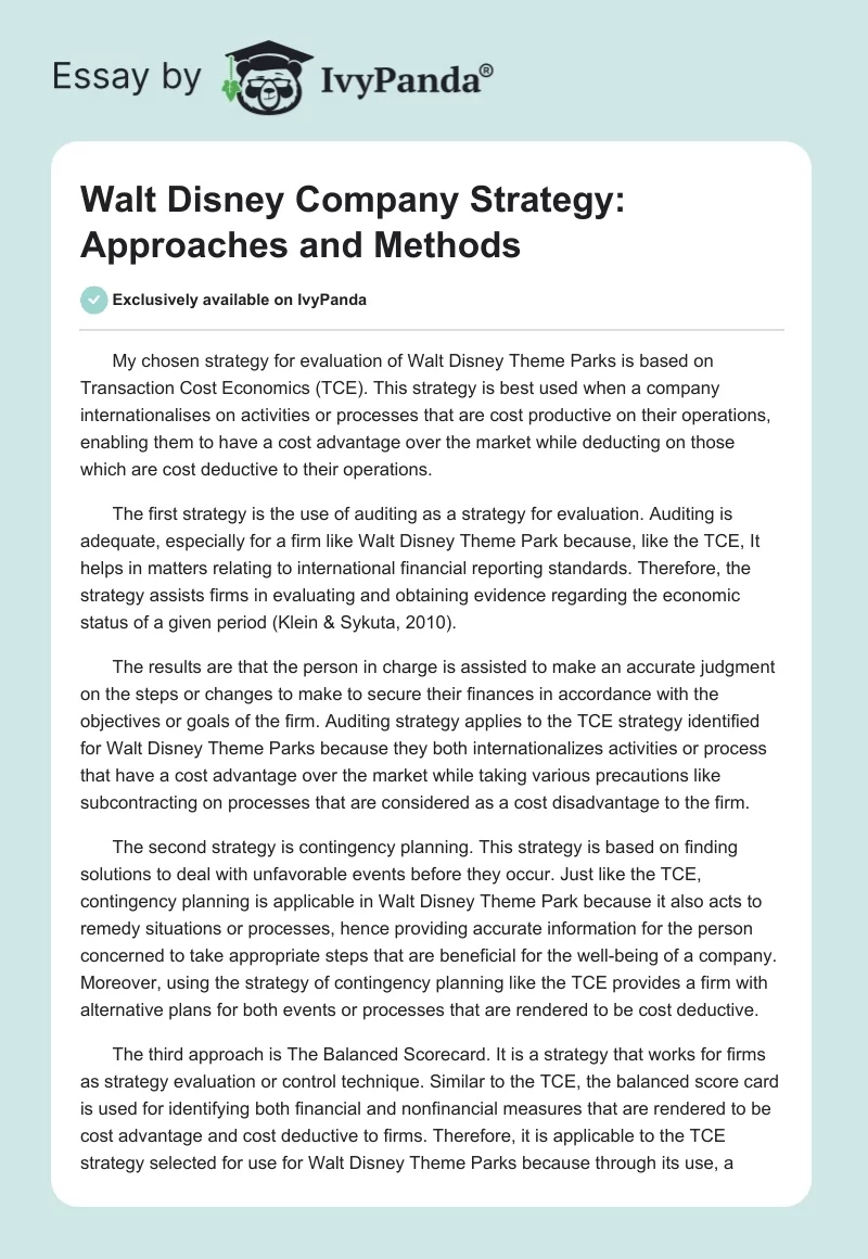 Walt Disney Company Strategy: Approaches and Methods. Page 1