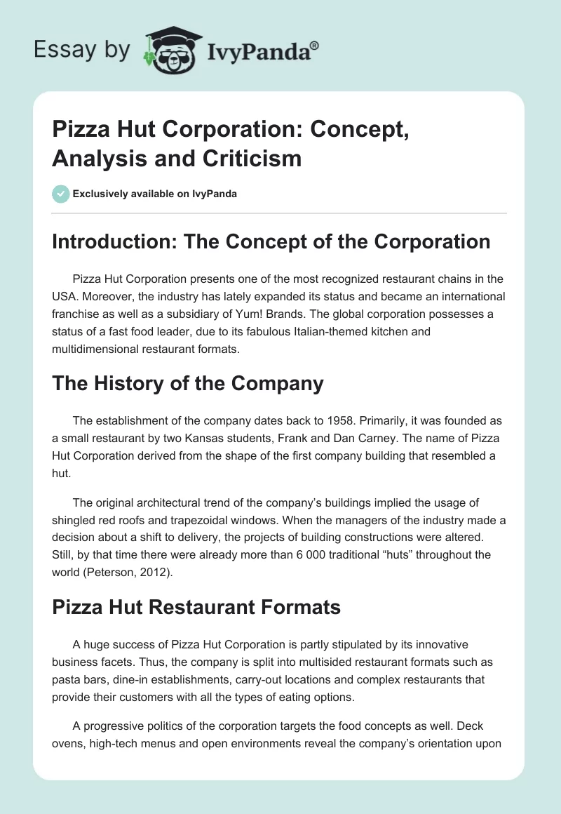 Pizza Hut Corporation: Concept, Analysis and Criticism. Page 1