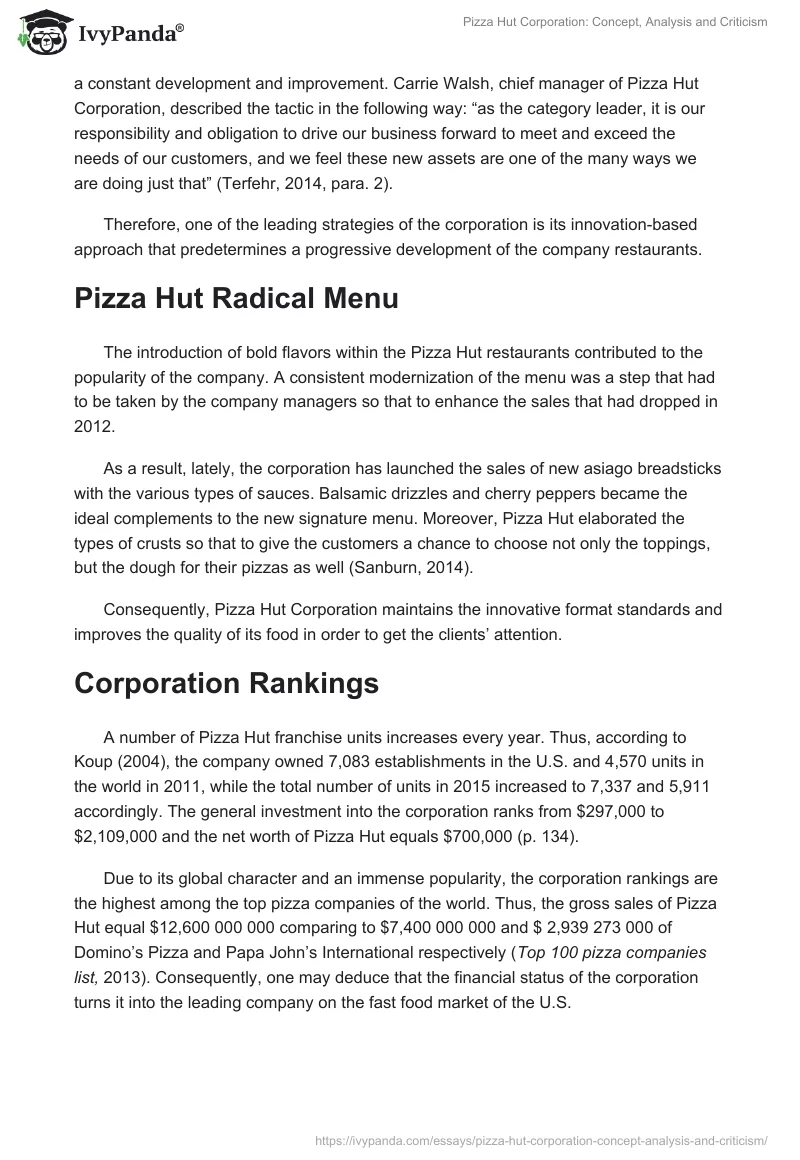Pizza Hut Corporation: Concept, Analysis and Criticism. Page 2
