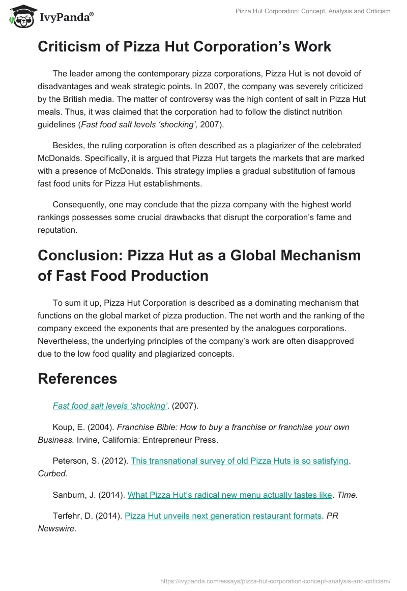 Pizza Hut Corporation: Concept, Analysis and Criticism. Page 3