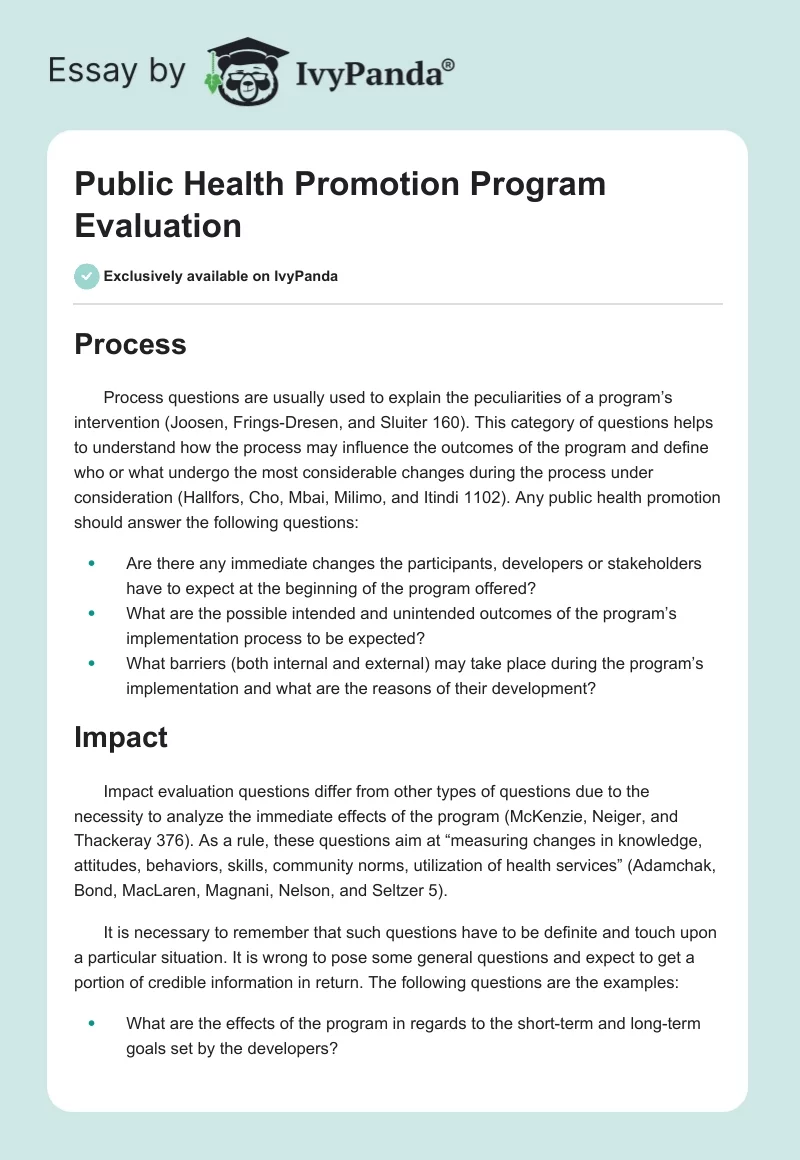 Public Health Promotion Program Evaluation. Page 1