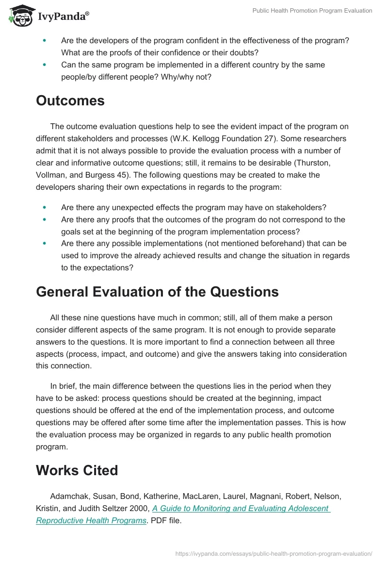 Public Health Promotion Program Evaluation. Page 2