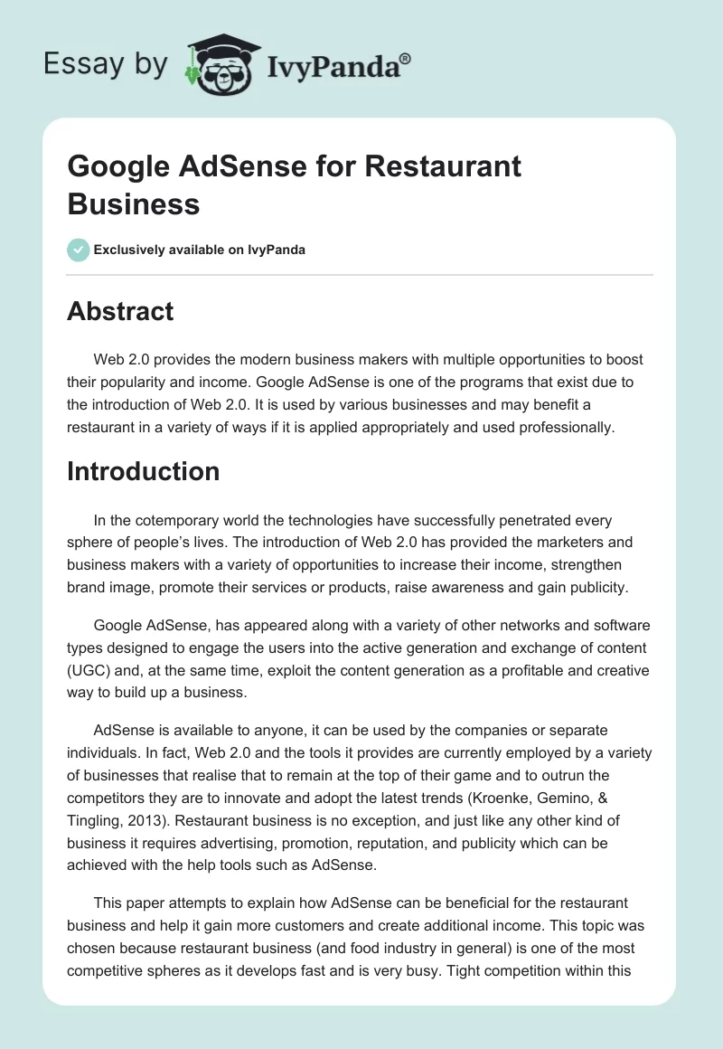Google AdSense for Restaurant Business. Page 1