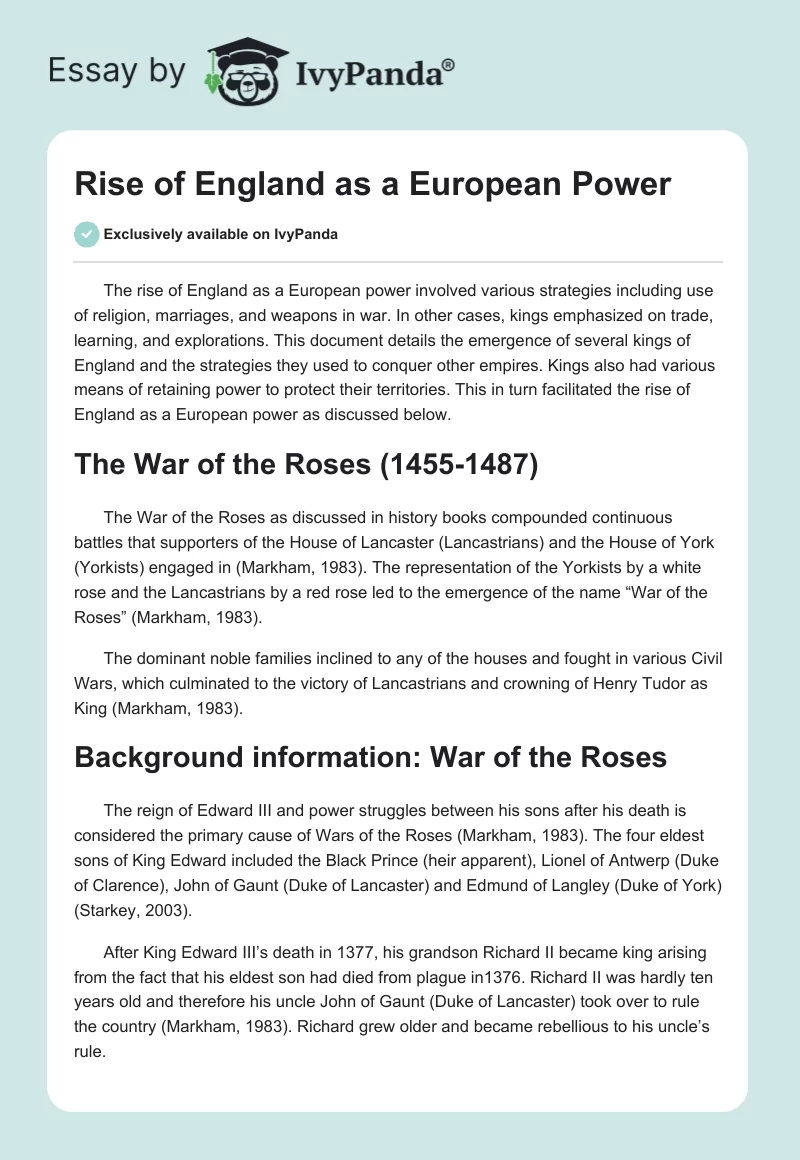 Rise of England as a European Power. Page 1
