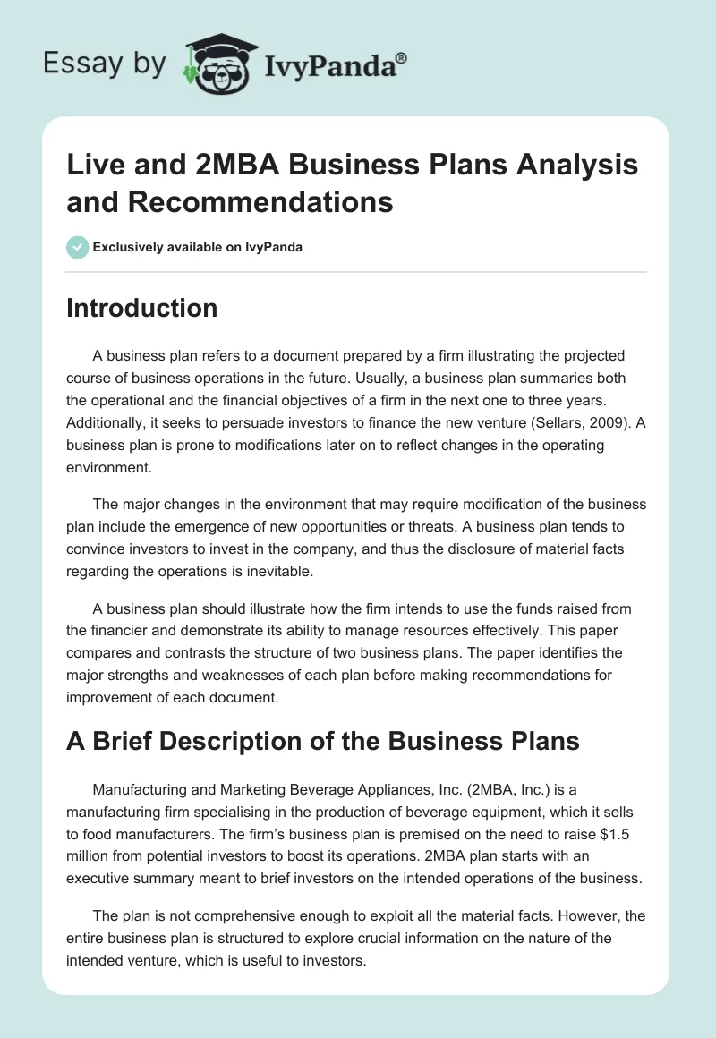 Live and 2MBA Business Plans Analysis and Recommendations. Page 1