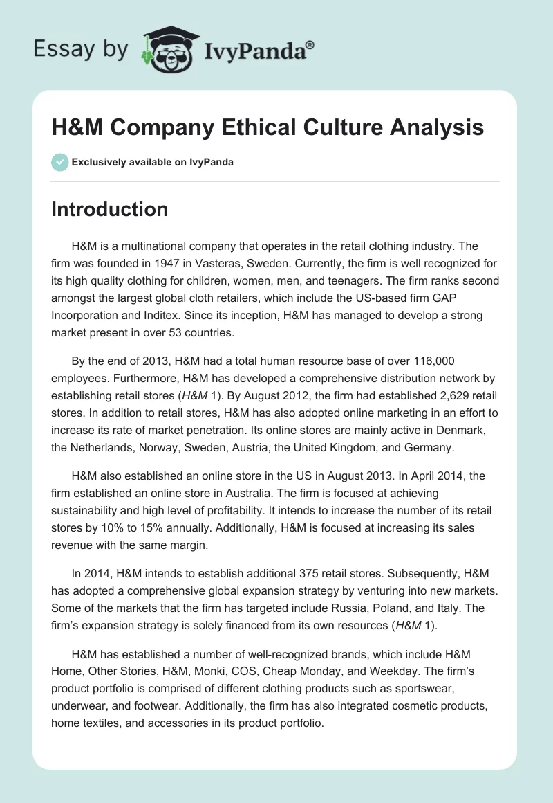 H&M Company Ethical Culture Analysis. Page 1