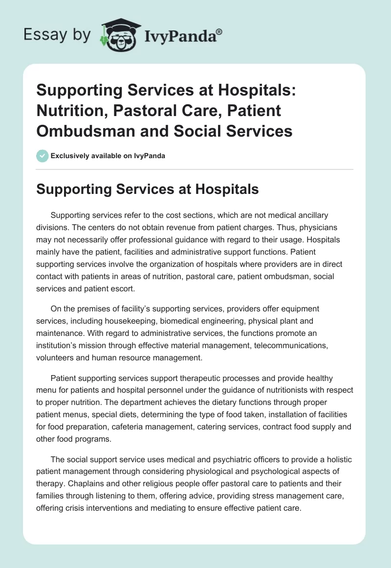 Supporting Services at Hospitals: Nutrition, Pastoral Care, Patient Ombudsman and Social Services. Page 1
