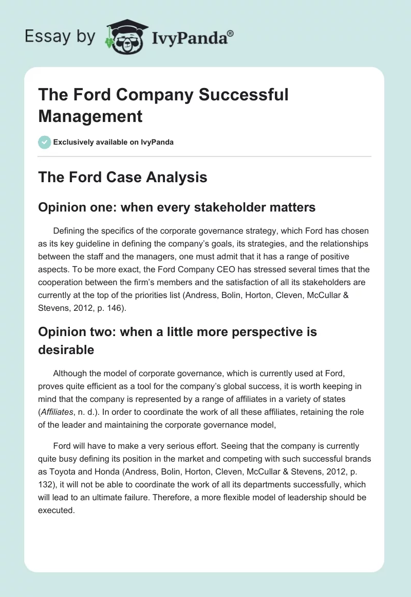 The Ford Company Successful Management. Page 1