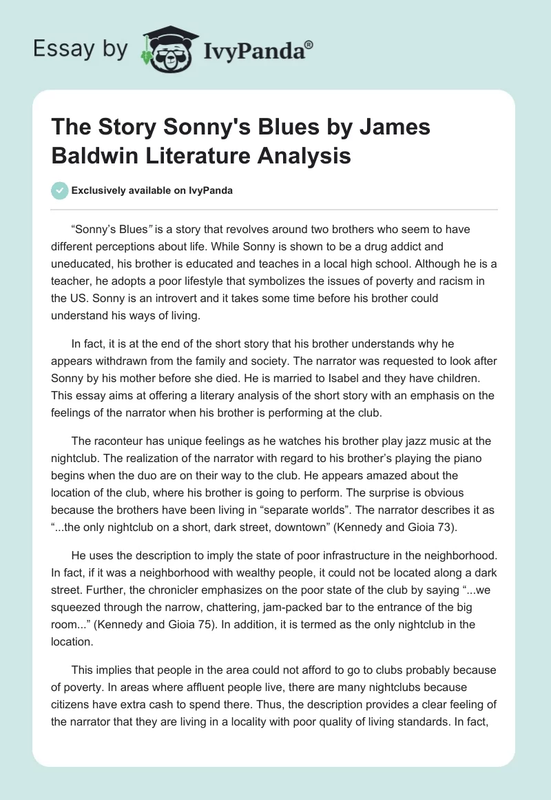 The Story "Sonny's Blues" by James Baldwin Literature Analysis. Page 1