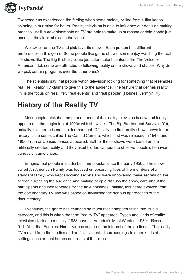 Reality TV Role in Human History. Page 2