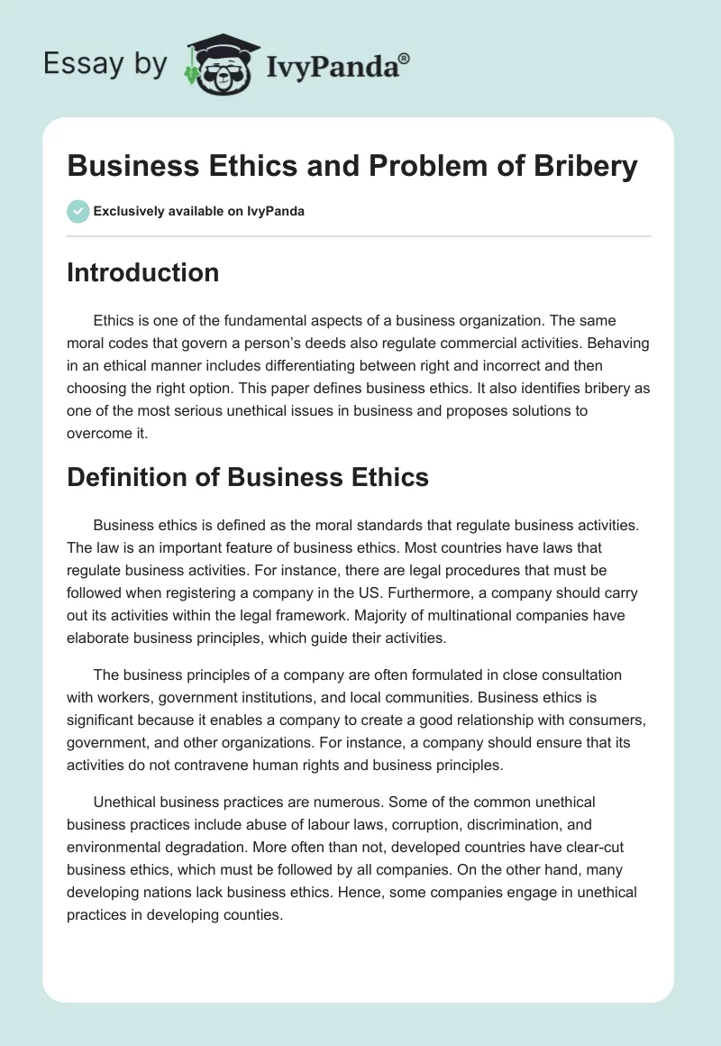 Business Ethics and Problem of Bribery. Page 1