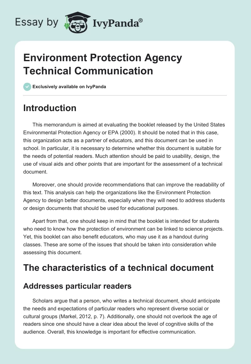 Environment Protection Agency Technical Communication. Page 1