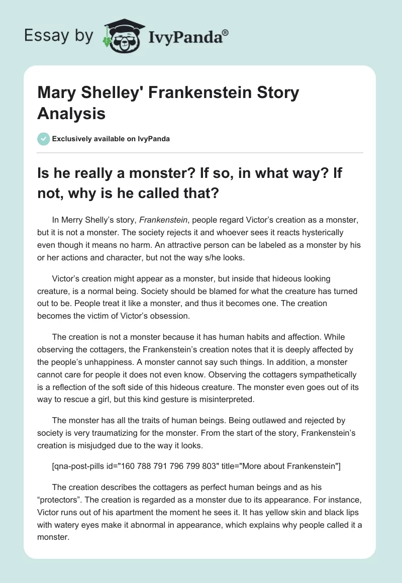 Mary Shelley' "Frankenstein" Story Analysis. Page 1