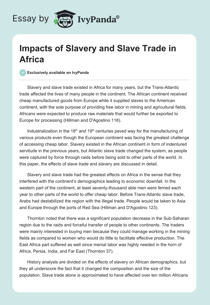 Impacts of Slavery and Slave Trade in Africa. Page 1