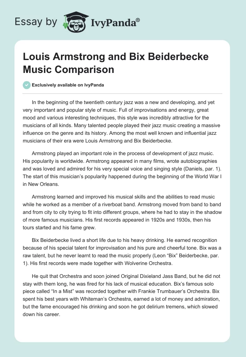 Louis Armstrong and Bix Beiderbecke Music Comparison. Page 1
