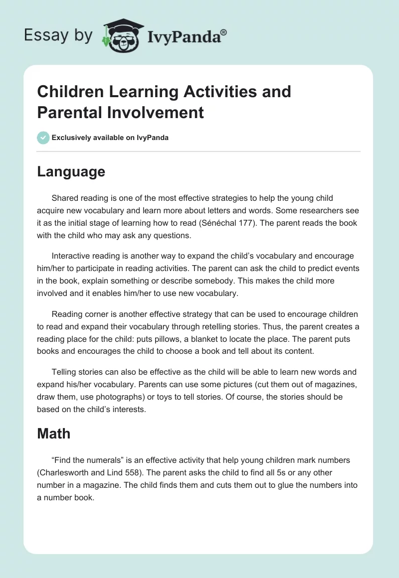 Children Learning Activities and Parental Involvement. Page 1