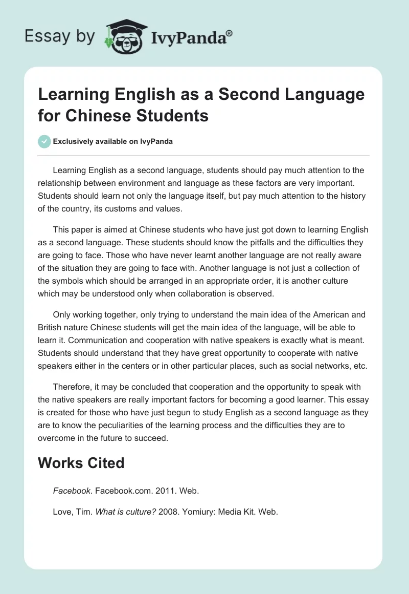 Learning English as a Second Language for Chinese Students. Page 1