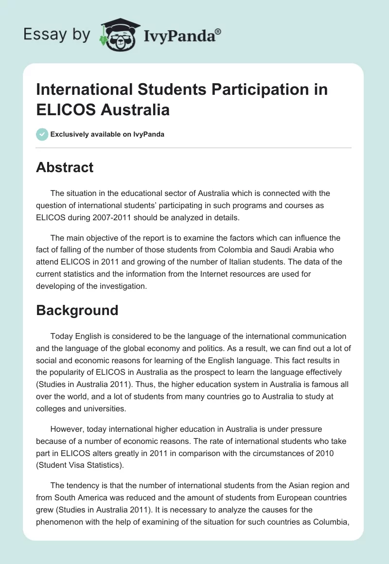 International Students Participation in ELICOS Australia. Page 1