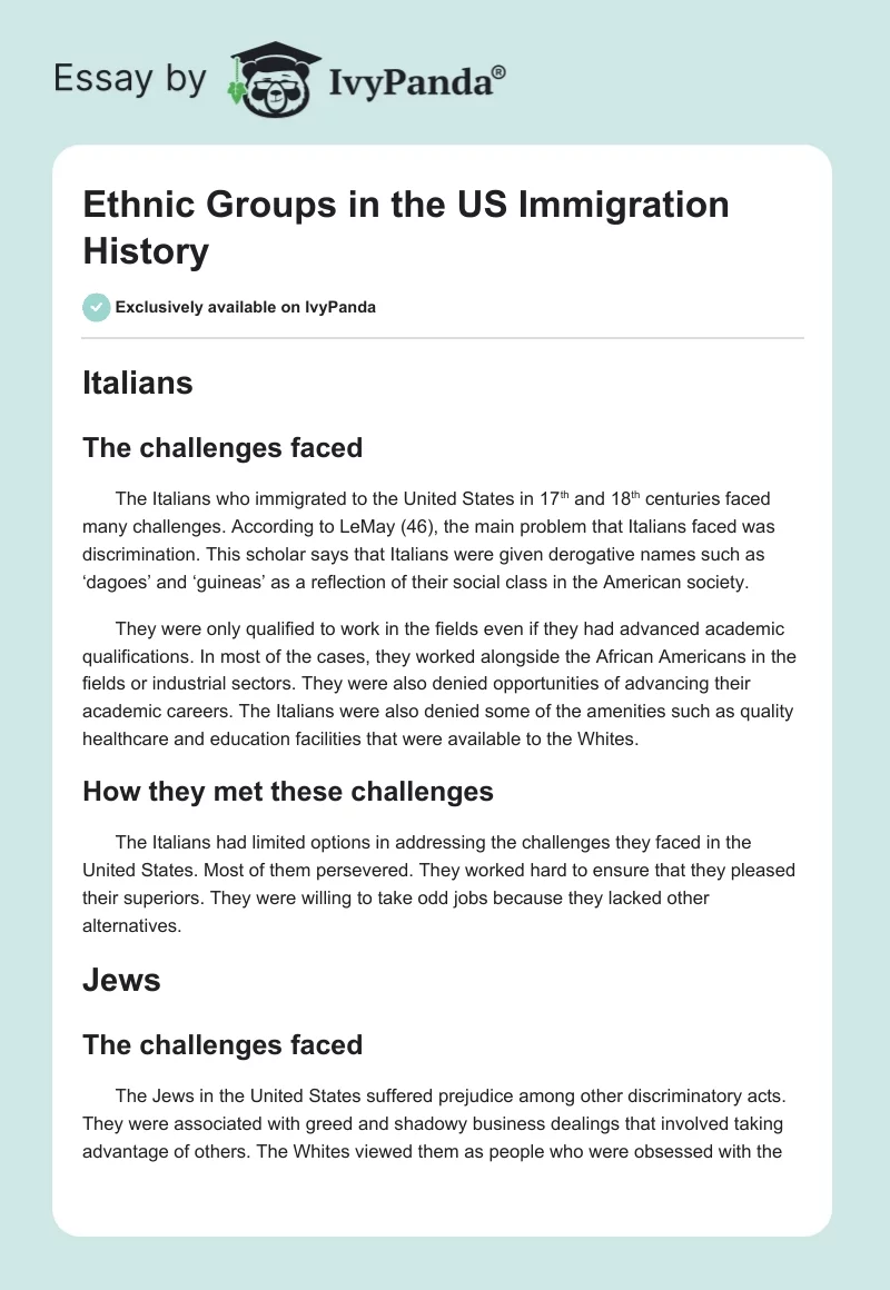 Ethnic Groups in the US Immigration History. Page 1