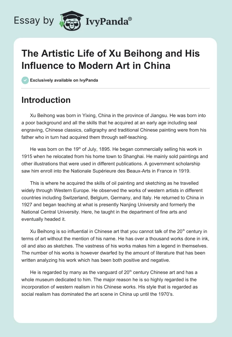 The Artistic Life of Xu Beihong and His Influence to Modern Art in China. Page 1