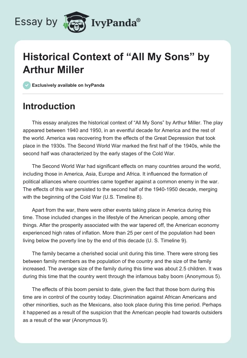 Historical Context of “All My Sons” by Arthur Miller. Page 1
