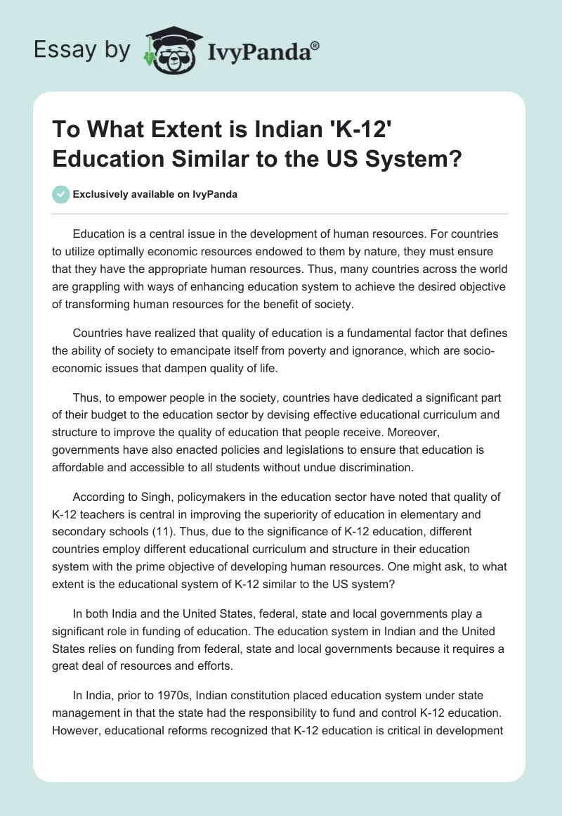 To What Extent is Indian 'K-12' Education Similar to the US System?. Page 1