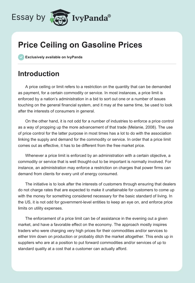 Price Ceiling on Gasoline Prices. Page 1