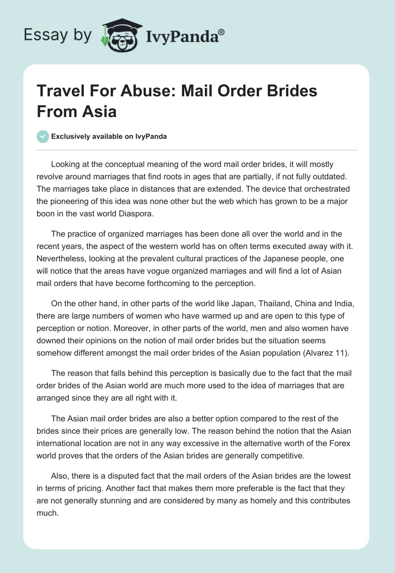Travel For Abuse: Mail Order Brides From Asia. Page 1