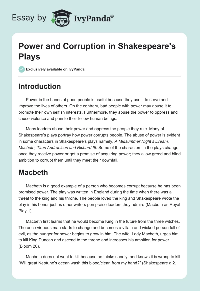 Power and Corruption in Shakespeare's Plays. Page 1