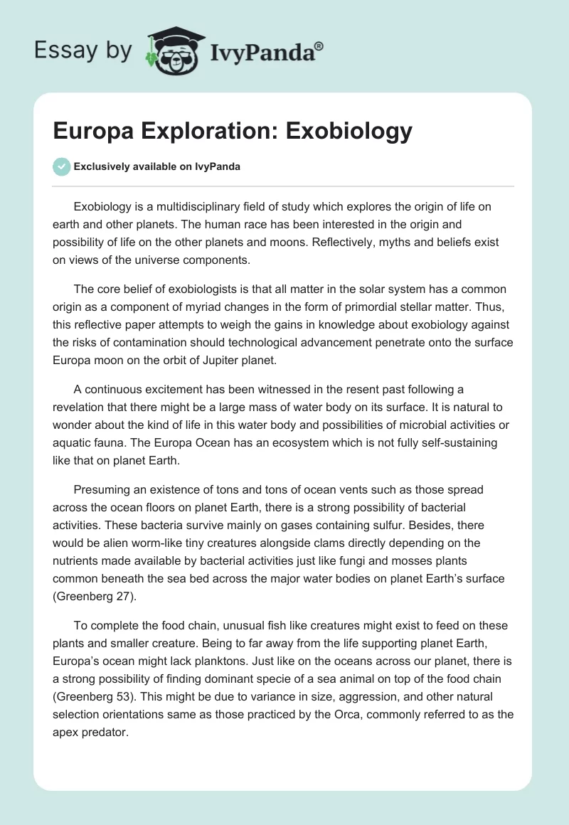 Europa Exploration: Exobiology. Page 1