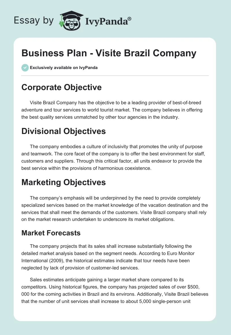Business Plan - Visite Brazil Company. Page 1