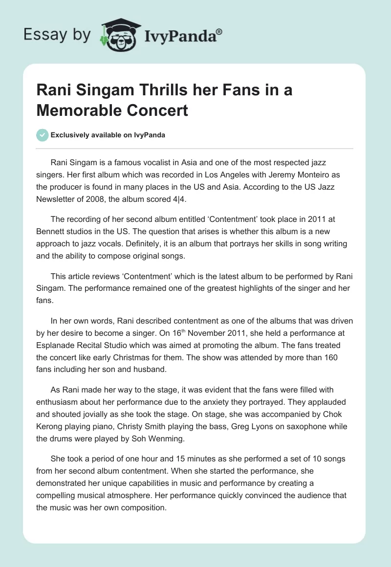 Rani Singam Thrills her Fans in a Memorable Concert. Page 1
