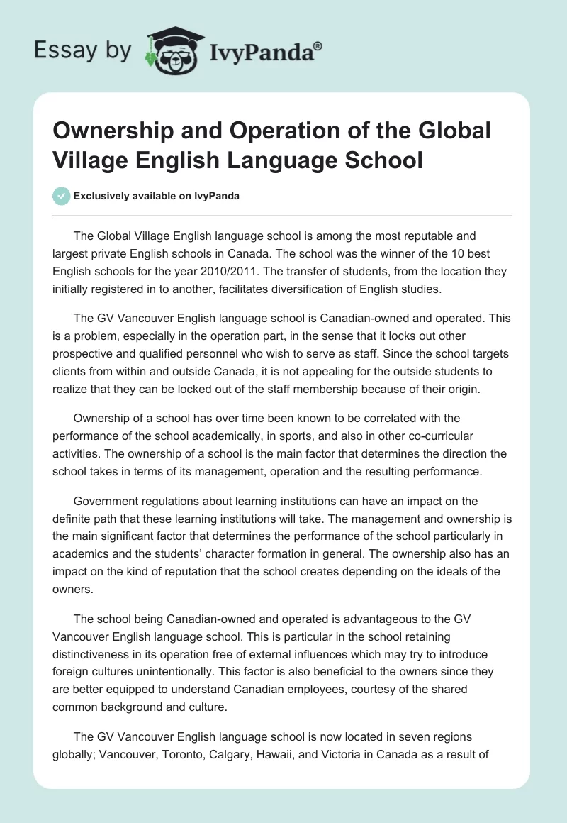 Ownership and Operation of the Global Village English Language School. Page 1
