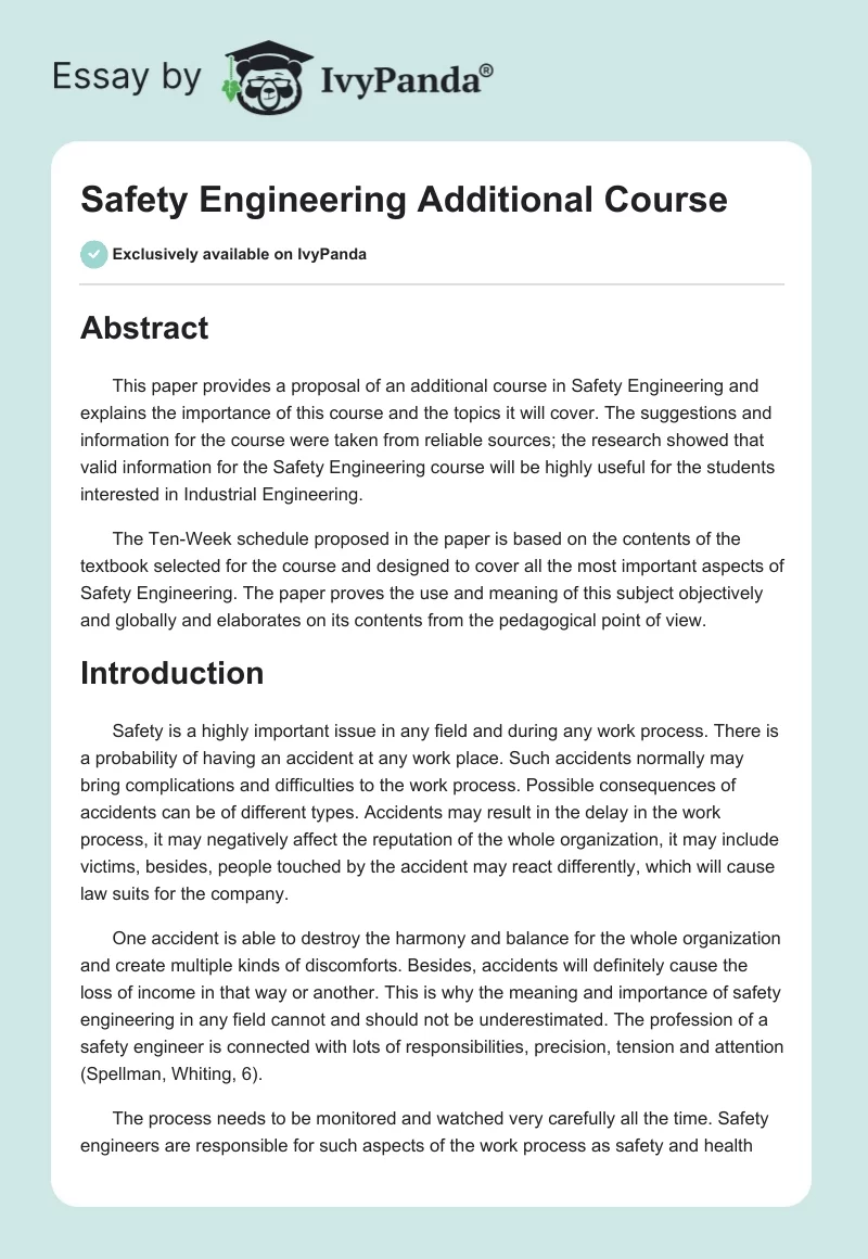 Safety Engineering Additional Course. Page 1
