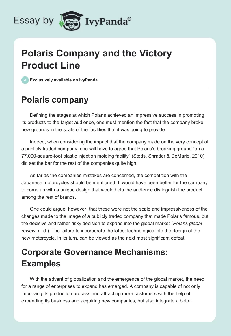 Polaris Company and the Victory Product Line. Page 1