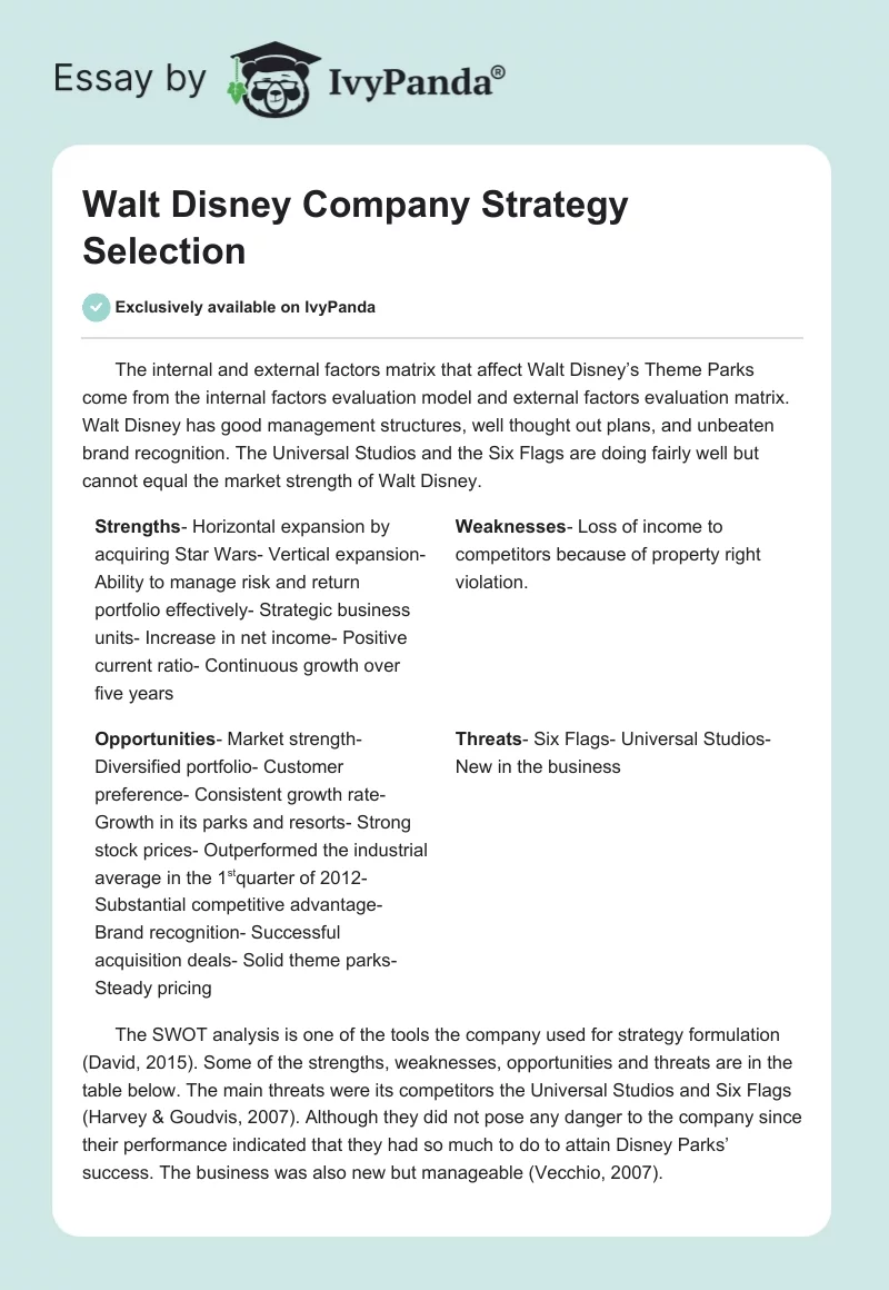 Walt Disney Company Strategy Selection. Page 1