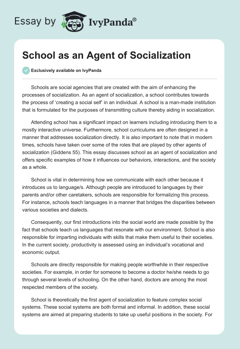 School as an Agent of Socialization. Page 1