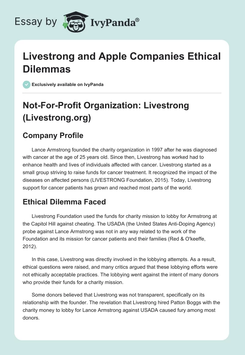 Livestrong and Apple Companies Ethical Dilemmas. Page 1