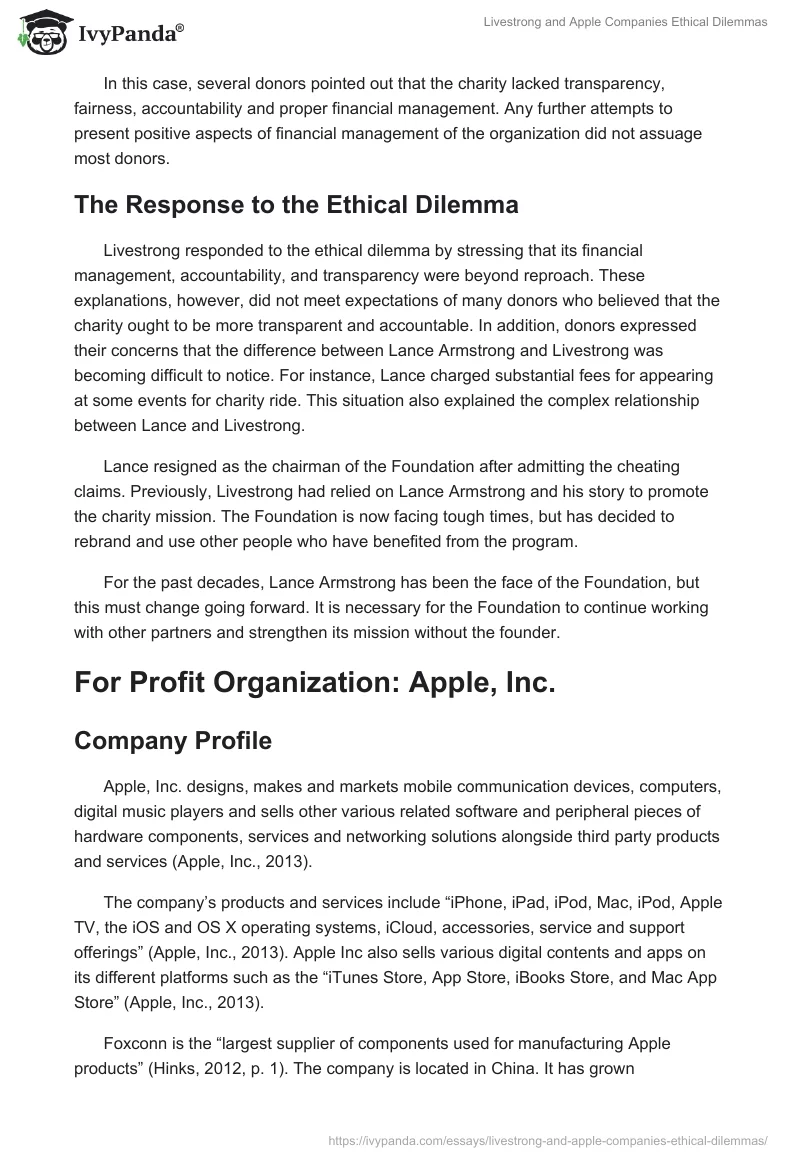 Livestrong and Apple Companies Ethical Dilemmas. Page 2