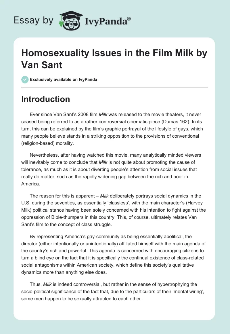 Homosexuality Issues in the Film "Milk" by Van Sant. Page 1