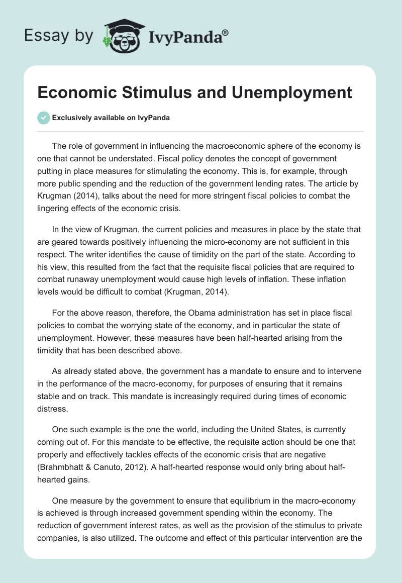 Economic Stimulus and Unemployment. Page 1