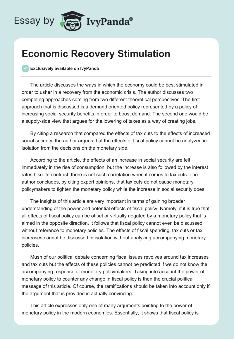 Economic Recovery Stimulation. Page 1