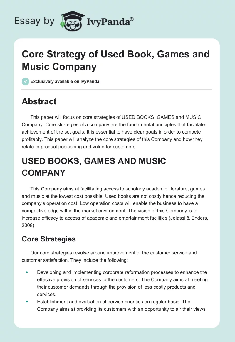 Core Strategy of Used Book, Games and Music Company. Page 1